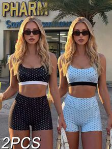 SHEIN Velisys Polka Dot Minimalist Slim Fit Women's Sports Tank Top & Shorts 4-Piece Set - Multicolor - View 1