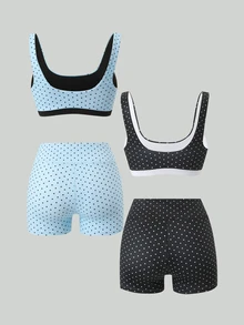 SHEIN Velisys Polka Dot Minimalist Slim Fit Women's Sports Tank Top & Shorts 4-Piece Set - Multicolor - View 2