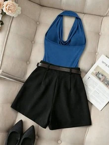 Rafferiza 2pcs Set: Casual Solid Color Pleated Halter Neck Top And Matching Black Skort With Belt - Navy Blue - View 2