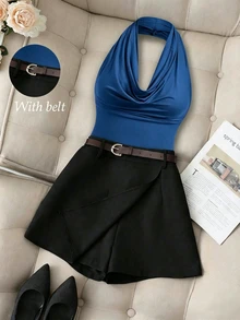 Rafferiza 2pcs Set: Casual Solid Color Pleated Halter Neck Top And Matching Black Skort With Belt - Navy Blue - View 3
