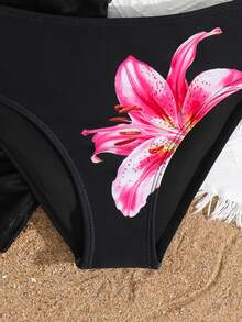 SHEIN Tween Girls 3-Piece Bikini Set:Pink,Summer,Cute,Beach,Holiday,Swim,Holiday Modest Knit Halter Top,Shell Decor,Matching Skirt Bottoms,Bathing Suit - Black - View 6