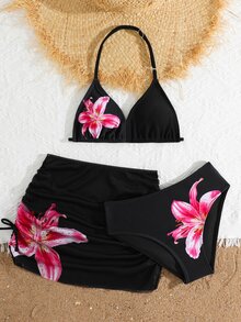 SHEIN Tween Girls 3-Piece Bikini Set:Pink,Summer,Cute,Beach,Holiday,Swim,Holiday Modest Knit Halter Top,Shell Decor,Matching Skirt Bottoms,Bathing Suit - Black - View 4