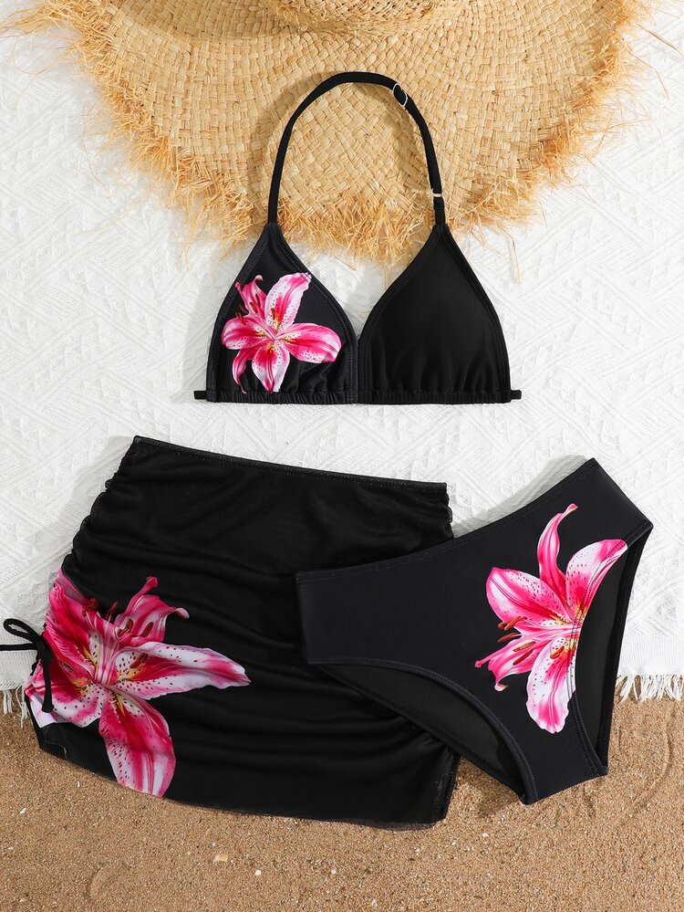 SHEIN Tween Girls 3-Piece Bikini Set:Pink,Summer,Cute,Beach,Holiday,Swim,Holiday Modest Knit Halter Top,Shell Decor,Matching Skirt Bottoms,Bathing Suit - Black - View 3