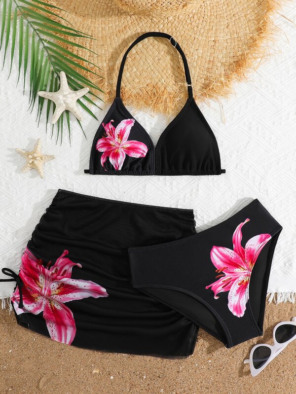 SHEIN Conjunto de Maiô Bikini com 3 Peças para Meninas Pré-Adolescentes, Base Preta de Tecido de Malha Trançada Fofa com Estampa Floral Rosa, Roupa de Banho Elegante e Casual Adequada para Natação, Férias, Verão
