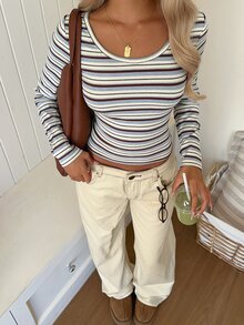 CovetEZ 女款休閒海岸風保守條紋長袖T恤，春秋海灘度假白色 - 藍白色 - 查看 7