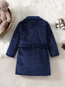 男童時尚經典休閒嬰兒西式極簡軟厚藍色毛絨卡通熊刺繡開襟外套睡衣生日秋季 - 藏蓝色 - 查看 2
