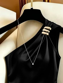 SHEIN Franclia Women's Summer Outfit, Autumn Outfit, Elegant Top, Casual Top, Going Out Top, Party Top, Graduation, Gathering, Asymmetrical Neckline Top, Asymmetrical Hem, Lace Trim, Metal Buckle, Holiday Outfit, Satin Top, Commute Outfit, Office Outfit - Black - View 5