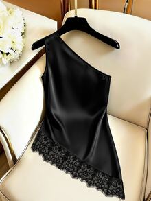 SHEIN Franclia Women's Summer Outfit, Autumn Outfit, Elegant Top, Casual Top, Going Out Top, Party Top, Graduation, Gathering, Asymmetrical Neckline Top, Asymmetrical Hem, Lace Trim, Metal Buckle, Holiday Outfit, Satin Top, Commute Outfit, Office Outfit - Black - View 2