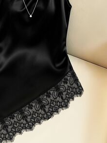 SHEIN Franclia Women's Summer Outfit, Autumn Outfit, Elegant Top, Casual Top, Going Out Top, Party Top, Graduation, Gathering, Asymmetrical Neckline Top, Asymmetrical Hem, Lace Trim, Metal Buckle, Holiday Outfit, Satin Top, Commute Outfit, Office Outfit - Black - View 4