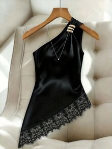 SHEIN Franclia Women's Summer Outfit, Autumn Outfit, Elegant Top, Casual Top, Going Out Top, Party Top, Graduation, Gathering, Asymmetrical Neckline Top, Asymmetrical Hem, Lace Trim, Metal Buckle, Holiday Outfit, Satin Top, Commute Outfit, Office Outfit - Black - View 3