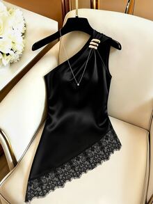 SHEIN Franclia Women's Summer Outfit, Autumn Outfit, Elegant Top, Casual Top, Going Out Top, Party Top, Graduation, Gathering, Asymmetrical Neckline Top, Asymmetrical Hem, Lace Trim, Metal Buckle, Holiday Outfit, Satin Top, Commute Outfit, Office Outfit - Black - View 6