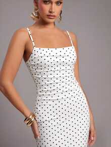 Silquee Women's Contrast Color Polka Dot Print Spaghetti Strap Midi Dress - White - View 5