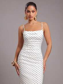 Silquee Women's Contrast Color Polka Dot Print Spaghetti Strap Midi Dress - White - View 4