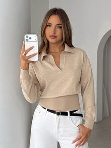 Siren Gaze Beige Ribbed Knit Wrap Button Up Top, Elegant Minimalist Long Sleeve Sweater For Women,Solid Color Overlap V-Neck Dropped Shoulder Long Sleeve Button - Apricot - View 7
