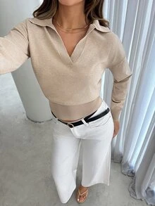 Siren Gaze Beige Ribbed Knit Wrap Button Up Top, Elegant Minimalist Long Sleeve Sweater For Women,Solid Color Overlap V-Neck Dropped Shoulder Long Sleeve Button - Apricot - View 8