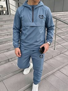兒童青少年男孩半拉鍊連帽外套與慢跑長褲2件套，休閒運動風，適合秋冬返校穿著，黑白配色 - 霧霾藍 - 查看 2