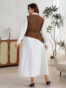 Modelyn Setelan 2 Potong Fashion Komuter Wanita Ukuran Plus, Atasan Tanpa Lengan + Gaun Kemeja Bergaris - Coffee Brown - View 2