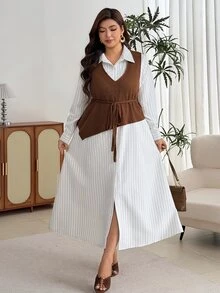 Modelyn Setelan 2 Potong Fashion Komuter Wanita Ukuran Plus, Atasan Tanpa Lengan + Gaun Kemeja Bergaris - Coffee Brown - View 4