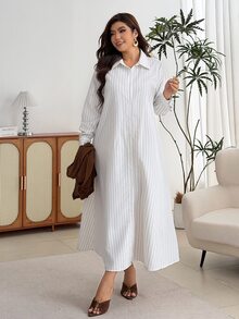 Modelyn Setelan 2 Potong Fashion Komuter Wanita Ukuran Plus, Atasan Tanpa Lengan + Gaun Kemeja Bergaris - Coffee Brown - View 8