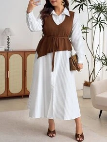 Modelyn Setelan 2 Potong Fashion Komuter Wanita Ukuran Plus, Atasan Tanpa Lengan + Gaun Kemeja Bergaris - Coffee Brown - View 6