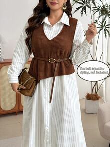 Modelyn Setelan 2 Potong Fashion Komuter Wanita Ukuran Plus, Atasan Tanpa Lengan + Gaun Kemeja Bergaris - Coffee Brown - View 1