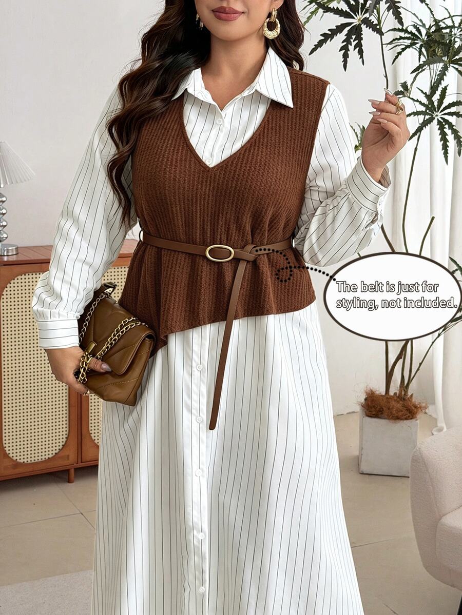 Modelyn Setelan 2 Potong Fashion Komuter Wanita Ukuran Plus, Atasan Tanpa Lengan + Gaun Kemeja Bergaris - Coffee Brown - View 1