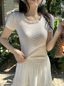 DAZY Kaos Kasual Lengan Pendek Leher Bulat dengan Hiasan Rumbai Bunga untuk Remaja Perempuan, Cocok untuk Musim Panas. - Putih - View 3