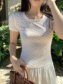 DAZY Kaos Kasual Lengan Pendek Leher Bulat dengan Hiasan Rumbai Bunga untuk Remaja Perempuan, Cocok untuk Musim Panas. - Putih - View 4