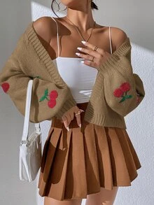 SHEIN Unity 甜美櫻桃刺繡短版開襟衫 - 卡其色 - 查看 4