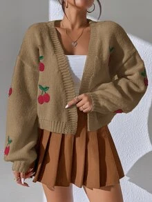 SHEIN Unity 甜美櫻桃刺繡短版開襟衫 - 卡其色 - 查看 3