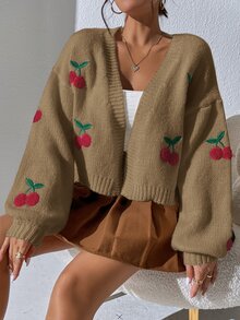 SHEIN Unity 甜美櫻桃刺繡短版開襟衫 - 卡其色 - 查看 6