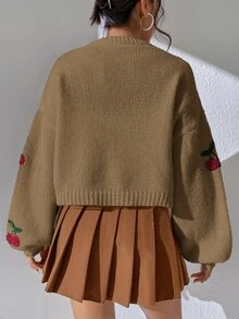 SHEIN Unity 甜美櫻桃刺繡短版開襟衫 - 卡其色 - 查看 2