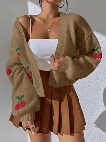SHEIN Unity 甜美櫻桃刺繡短版開襟衫 - 卡其色 - 查看 1