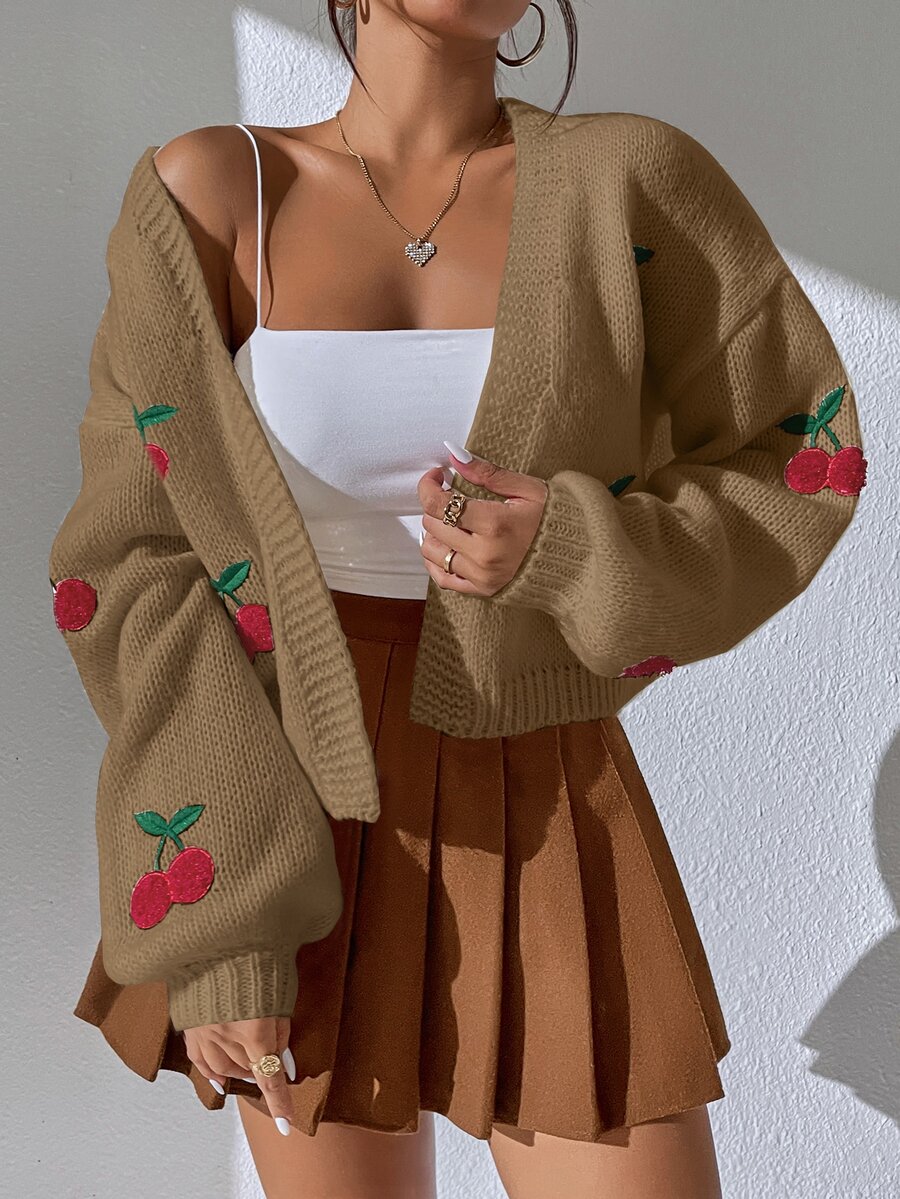 SHEIN Unity 甜美櫻桃刺繡短版開襟衫 - 卡其色 - 查看 1