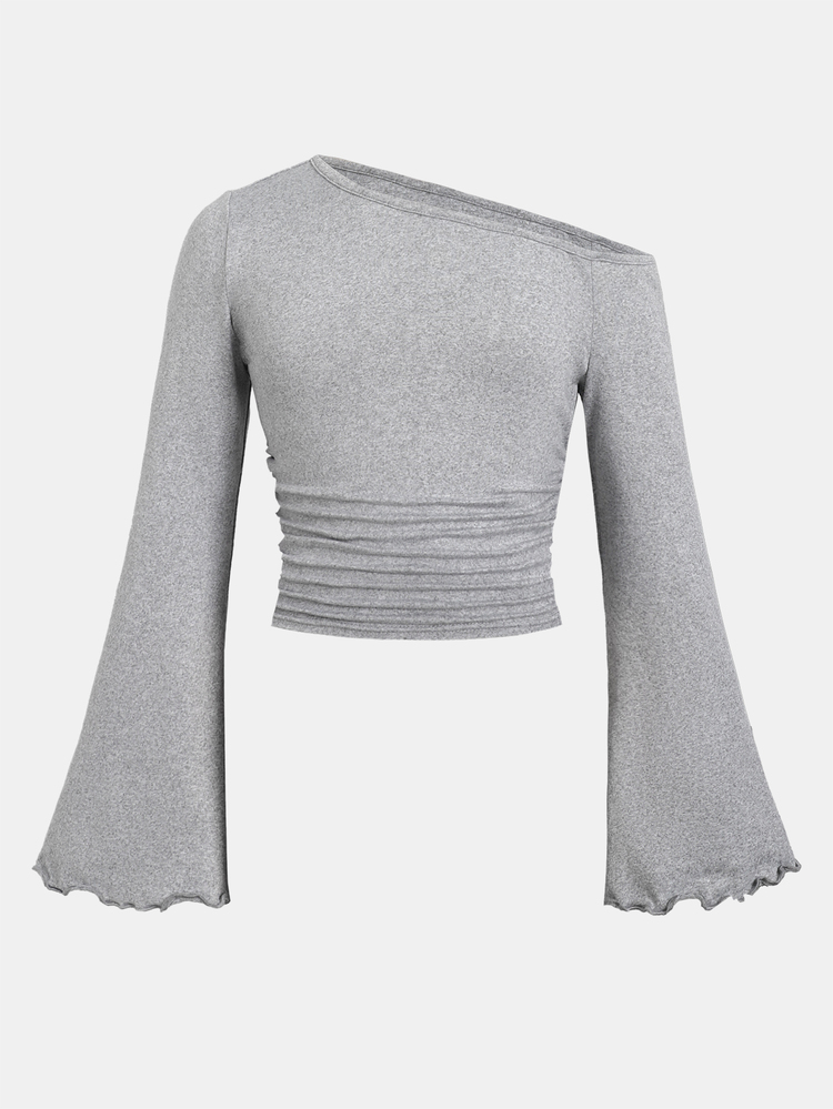 SHEIN Tween Girl Street Style Casual Shoulder Top & Solid Color Flare Pants Set, Kids Fall/Winter Outfits - Grey - View 11