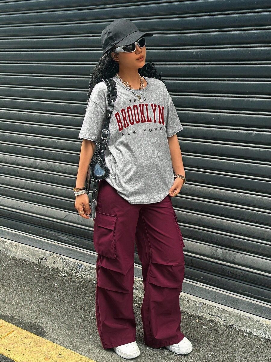 SHEIN 2件套青少年女孩休闲时尚短袖上衣和宽松裤子套装 - 彩色 - 查看 1