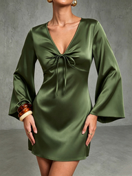 CHARMVALE Solid Color Satin Women's Flared Sleeve V-Neck Short Dress