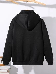 兒童青少年男孩休閒運動黑色雙層領廓形衛衣，休閒學院風，舒適時尚簡約實用百搭，柔軟面料，適合日常穿著、上學、旅行、戶外運動，四季皆宜 - 黑色 - 查看 4