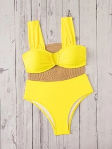 Bonvoyette Springbreak 女款夏季新款隨機印花多色V領雙肩帶甜美花卉圖案度假比基尼套裝 - 黃色 - 查看 5