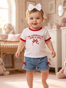 SHEIN Vintaside Kids 嬰兒女童蝴蝶結印花對比滾邊短袖上衣與時尚收口短褲套裝 - 紅白色 - 查看 8