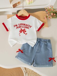 SHEIN Vintaside Kids 嬰兒女童蝴蝶結印花對比滾邊短袖上衣與時尚收口短褲套裝 - 紅白色 - 查看 3