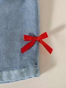 SHEIN Vintaside Kids 嬰兒女童蝴蝶結印花對比滾邊短袖上衣與時尚收口短褲套裝 - 紅白色 - 查看 4