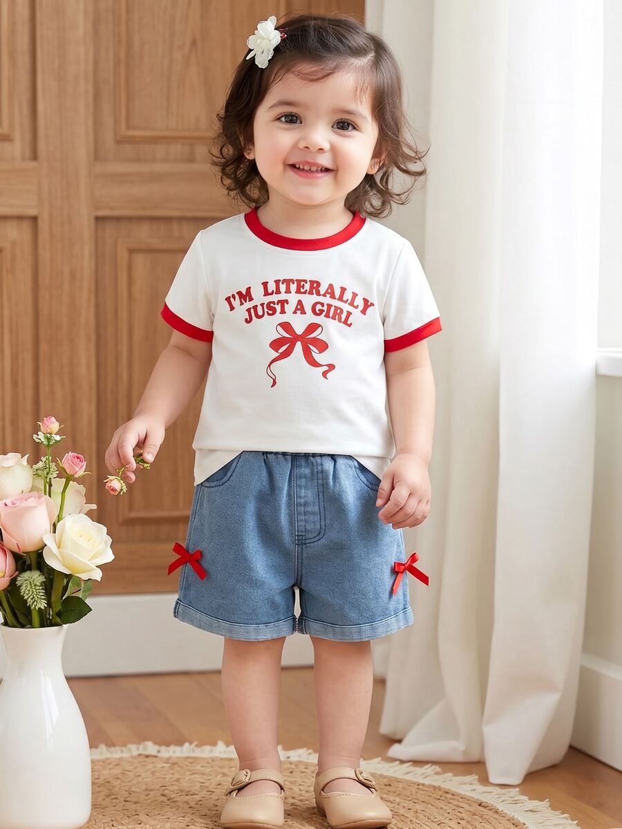 SHEIN Vintaside Kids 嬰兒女童蝴蝶結印花對比滾邊短袖上衣與時尚收口短褲套裝 - 紅白色 - 查看 1