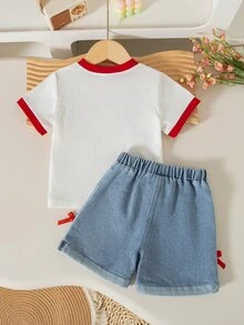 SHEIN Vintaside Kids 嬰兒女童蝴蝶結印花對比滾邊短袖上衣與時尚收口短褲套裝 - 紅白色 - 查看 2