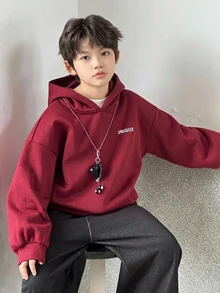 DAZY 男童休闲宽松字母印花抓绒卫衣，秋冬季街头风卫衣 - 酒紅色 - 查看 4