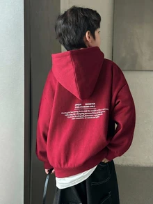 DAZY 男童休闲宽松字母印花抓绒卫衣，秋冬季街头风卫衣 - 酒紅色 - 查看 3