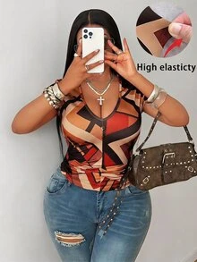 Maweii Spring/Summer Casual Vacation Minimalist Elegant Sophisticated Fashion Niche Design New Essential Daily Wear Commute Office High-End Multi-Color Print Knit V-Neck Sexy Waist-Cinching Slim Fit Plus Size Women's T-Shirt - Multicolor - View 1