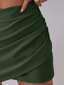 Swim Basics 女款純色百褶極簡百搭多功能裙褲泳褲下半身 - 軍綠色 - 查看 4