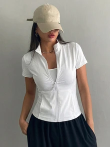 DAZY 青少年女孩素色領口拉鍊短袖夾克，修身基本款上衣，休閒秋季外套 - 白色 - 查看 3