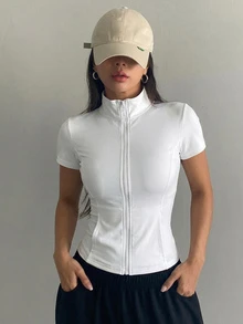 DAZY 青少年女孩素色領口拉鍊短袖夾克，修身基本款上衣，休閒秋季外套 - 白色 - 查看 4